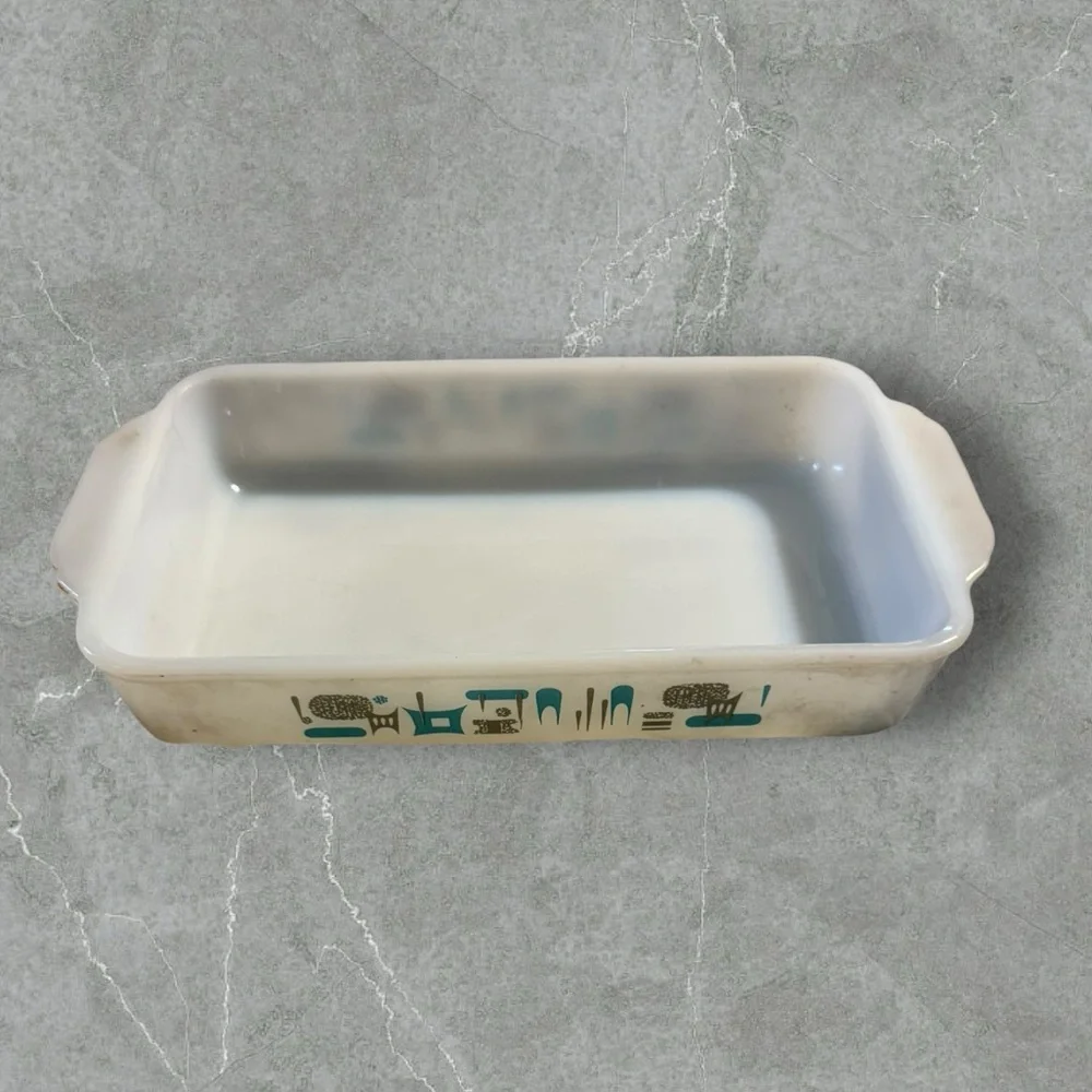 Vintage MCM Loaf Pan‎ My Blue Heaven Fire King Atomic Milk Glass 50s-70s